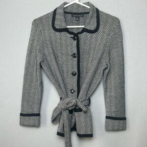 Banana Republic Black White Herringbone belted Merino Wool Cardigan Feminine S